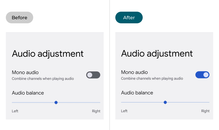 The Audio adjustment settings with Mono audio disabled and enabled